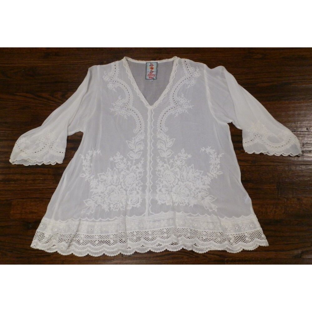 Johnny Was White Ivory Embroidered Blouse Top Womens Medium